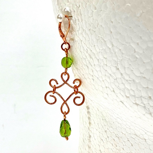 HANDCRAFTED Pure Copper Chandelier Earrings w/ Vintage Faceted Glass Bead Accent - Picture 3 of 10